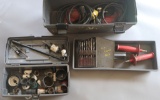 (2) grey plastic toolboxes with (2) Milwaukee 1/2