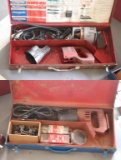 (3) steel Sawzall boxes (one blue, one red) of parts/accessories for the pr