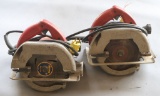 (2) Milwaukee 7 Â¼â€? electric circular saws along with a rack of selected blades