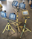 Lot of (3) Regent 'cool' dual work lights on yellow telescoping stands