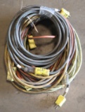 Lot of (5) approx. 25' & 50' electric extension cords, various colors and l