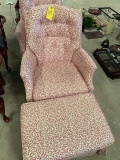 Small pink/white arm chair with ottoman