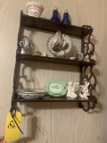 Nice wooden wall shelf and contents