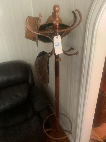 neat old hat/coat rack and hats