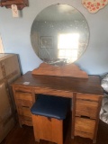 nice antique dresser w/ round mirror and wooden bench