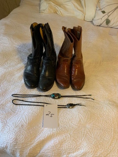 2 pair of Nocona mens boots and 2 bolo ties