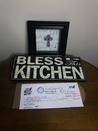 Dermaplane for NuGenesis Medical spa and Vien Care with Framed cross and Blessed Kitchen sign