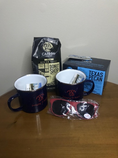 Swingin B Ranch Coffee mugs with Cafe Ole donut shop and Texas Pecan flavored coffee with sunglasses