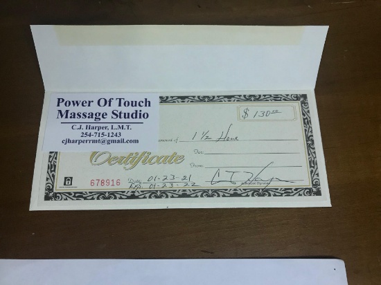 .Gift Certificate to Power of  Touch Massage Studio for $130