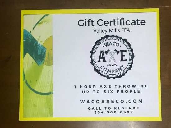 Gift Certificate to Waco Axe Company for up to six people for 1 hour.