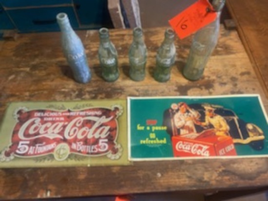 OLD COKE BOTTLES AND 2 TIN COKE SIGNS