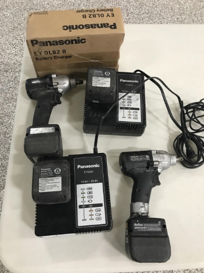 Panasonic EYO182 10.8v  3’8” impact Unit tested/works, sold as is, 2 impact wrenches, 4 batteries, 1