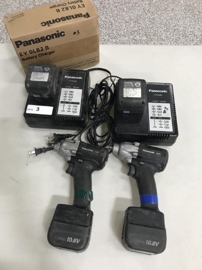 Panasonic EYO182 10.8v  3’8” impact Unit tested/works, sold as is, 2 impact wrenches, 4 batteries, 1