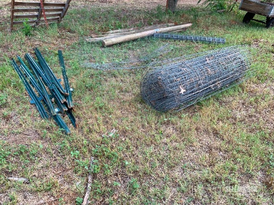 Qty Fencing Material, Wood & Metal Post, 5ft Wire Rolls