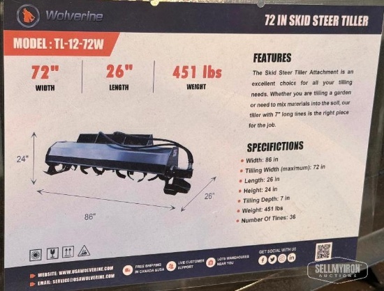 Unused 2026 Wolverine TL-12-72W 72in Hydraulic Rotary Tiller Skid Steer Attachment [YARD 1]