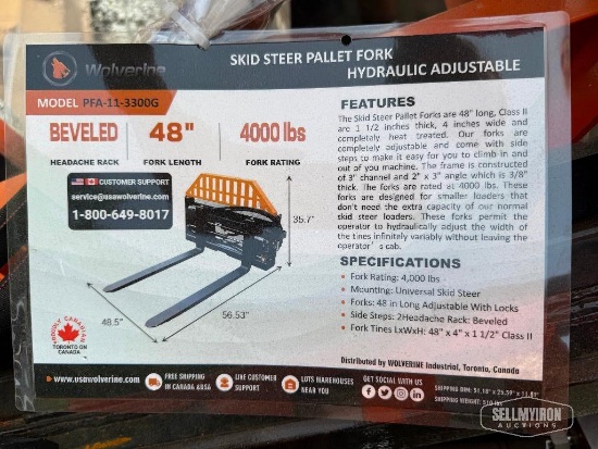 Unused 2026 Wolverine PFA-11-3300G Hydraulic Adjustable Pallet Fork Skid Steer Attachment [YARD 1]
