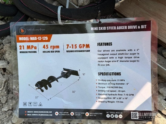 Unused 2026 Wolverine MAD-12-12D Auger Drive & Bit Mini Skid Steer Attachment [YARD 1]