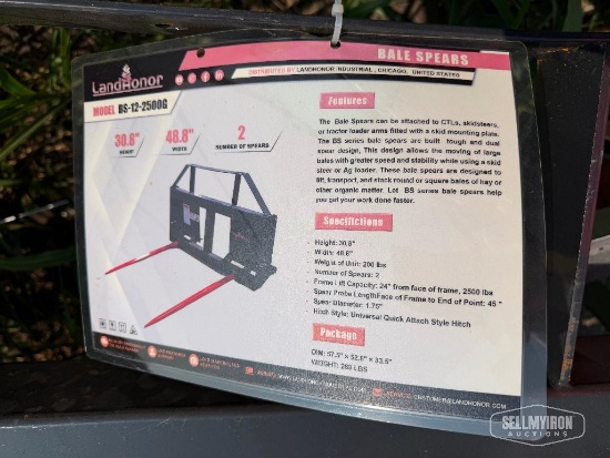 Unused 2026 LandHonor BS-12-2500G 48in 2-Prong Bale Spear Skid Steer Attachment [YARD 1]