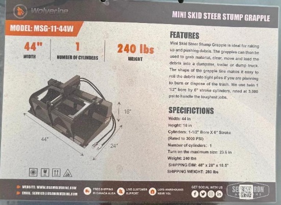 Unused 2026 Wolverine MSG-11-44W 44in Stump Grapple Mini Skid Steer Attachment [YARD 1]