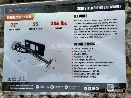 Unused 2026 Wolverine SBM-12-72W 72in Sickle Bar Mower Skid Steer Attachment [YARD 1]