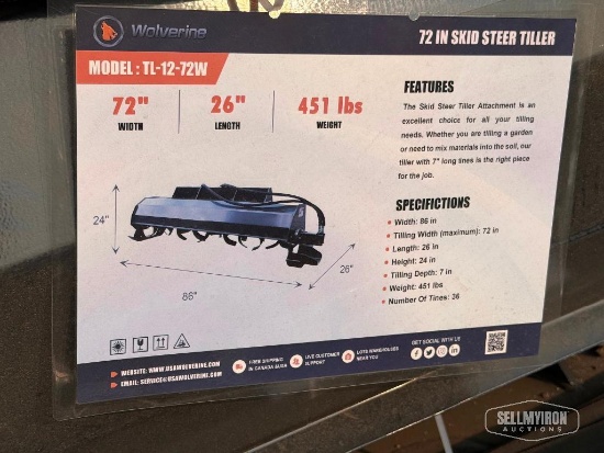 Unused 2026 Wolverine TL-12-72W 72in Hydraulic Rotary Tiller Skid Steer Attachment [YARD 1]