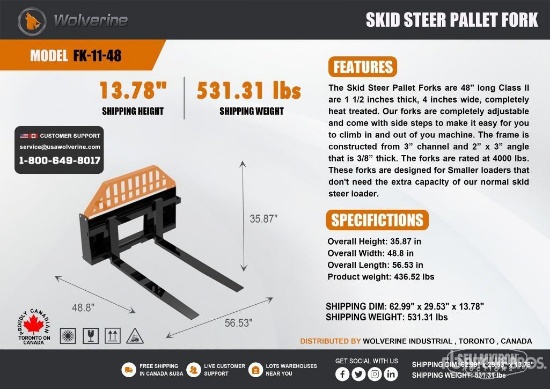 Unused 2026 Wolverine FK-11-48W 48in Forks Skid Steer Attachment [YARD 1]