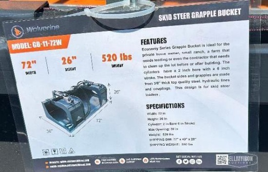 Unused 2026 Wolverine GB-11-72W 72in Grapple Bucket Skid Steer Attachment [YARD 1]