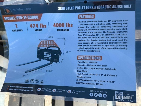 Unused 2026 Wolverine PFA-11-3300G 48in Hydraulic Adjustable Pallet Fork Skid Steer Attachment [YARD