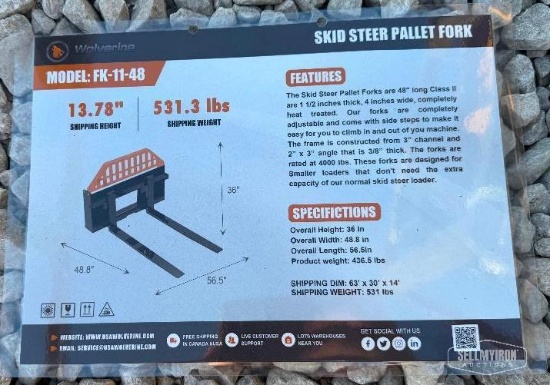 Unused 2026 Wolverine FK-11-48W 48in Forks Skid Steer Attachment [YARD 1]