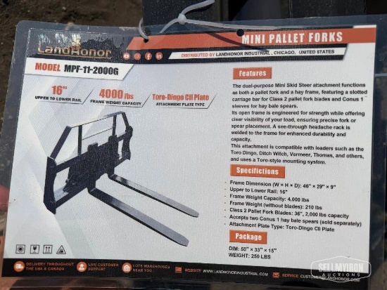 Unused 2026 LandHonor MPF-11-2000G Pallet Forks Mini Skid Steer Attachment [YARD 1]
