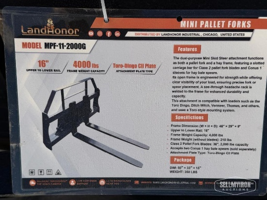 Unused 2026 LandHonor MPF-11-2000G Pallet Forks Mini Skid Steer Attachment [YARD 1]