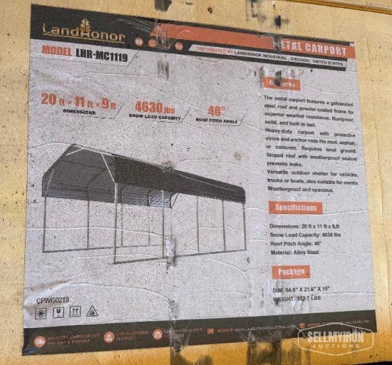 Unused 2026 LandHonor LHR-MC1119 20ft x 11ft x 9ft Metal Carport [YARD 1]