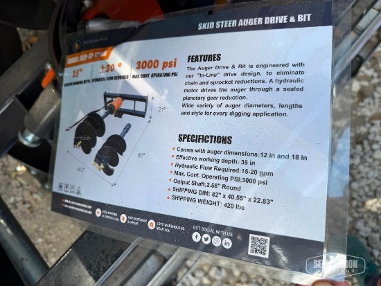 Unused 2026 Wolverine ADB-13-1218R Auger Drive Skid Steer Attachment w/ 12in & 18in Bits [YARD 1]
