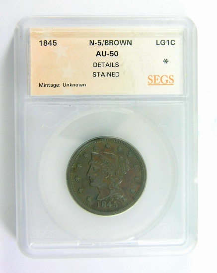 13.  1845  U.S. Liberty Head Large Cent. Certified SEGS AU-50