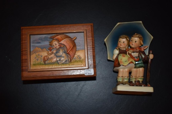 Grouping of four Umbrella Girl music box with original box: umbrella boy and girl number 71: 5 in