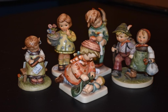 Five Hummel figurines including 4 3/4? Hum 383 Going home #423Inbox, 4 3/4? Hum 367 Busy student