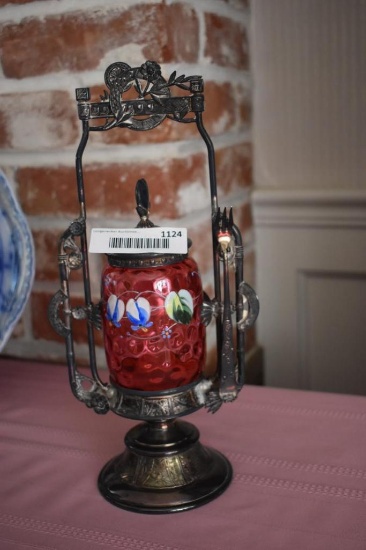 Painted Ruby Glass Pickle Caster w/Ornate Frame