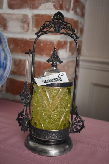 Green/Yellow Raised Glass Pickle Caster in Ornate Frame