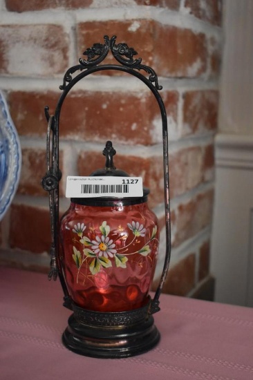 Painted Ruby Glass Pickle Caster in Ornate Frame