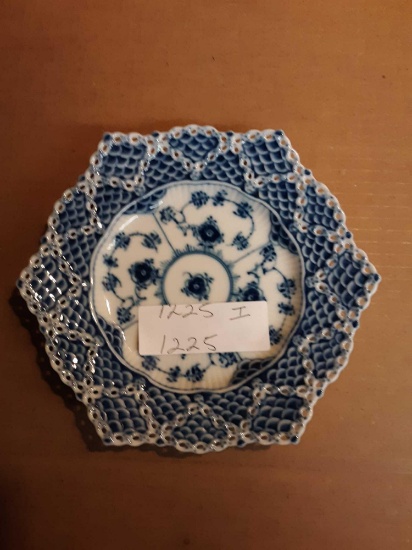 Royal Copenhagen Blue Fluted Full Lace Pierced China Hexagon Shaped 4" Plate w/ Profuse Piercing