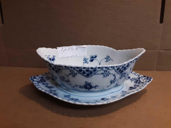 Royal Copenhagen Blue Fluted Full Lace Pierced China 9 1/2" Gravy Boat w/ Attached Underplate