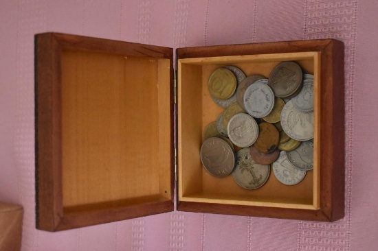 Wooden Box Containing Foreign Coins