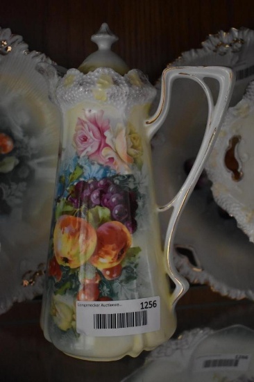 RS Prussia Chocolate Pot 10" Tall, Fruit & Flowers, 1/4" Chip on Spout