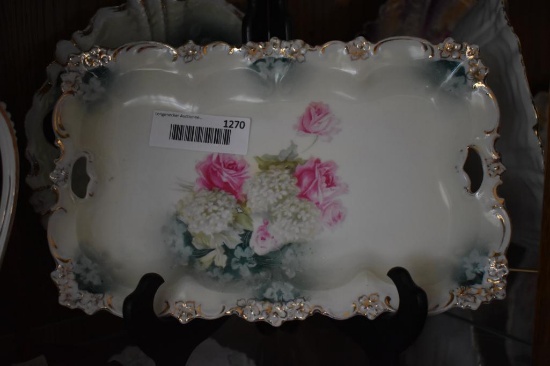 RS Prussia Bread Plate, Roses & Mums w/Green Background & Gold Trim