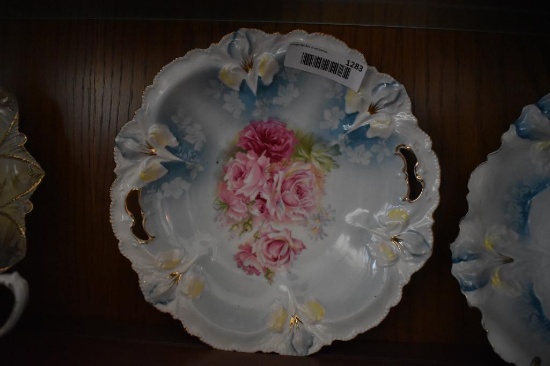 RS Prussia 10 1/2" Plate, Pink Roses w/Flower Mold Rim, Blue Background