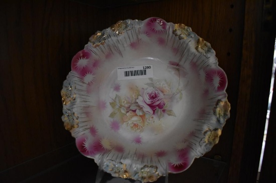 RS Prussia 10 1/2" Bowl, Flower Mold Rim, Red & White Rose Design