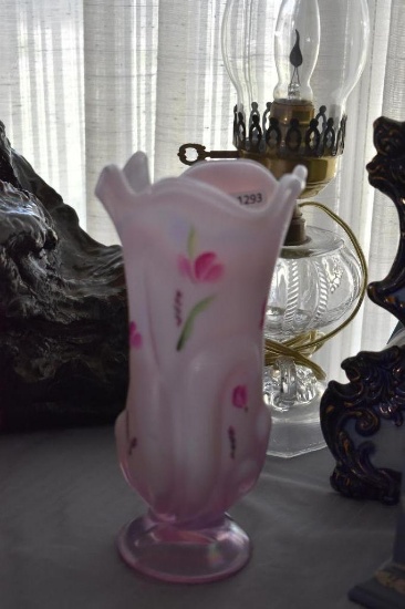 Hand Painted Art Glass Pink Vase 8 1/2" High