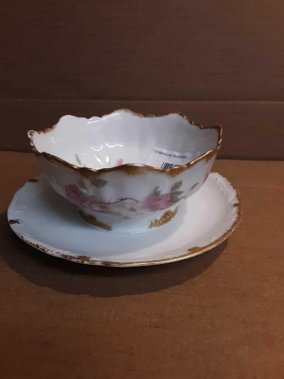 Haviland Limoges, Scheiger, Baltimore Rose 4 1/4" Bowl w/ Attached 5 1/2" Underplate