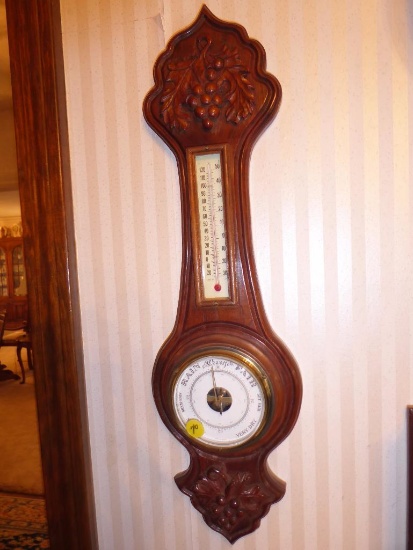 MAKER: Ray Kinzie - Case: Carved WaInut - Model: Barometer/Thermometer - 22"T x 6.125"W