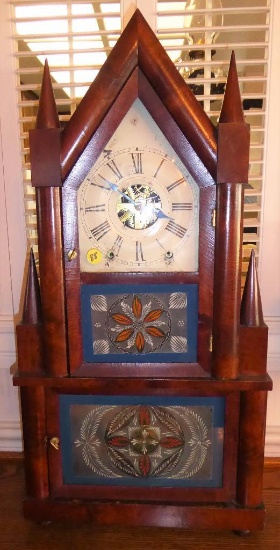 MAKER: Birge and Fuller - Model: Double Steeple - c. 1840's - Case: Mahogany w/reverse painted glass
